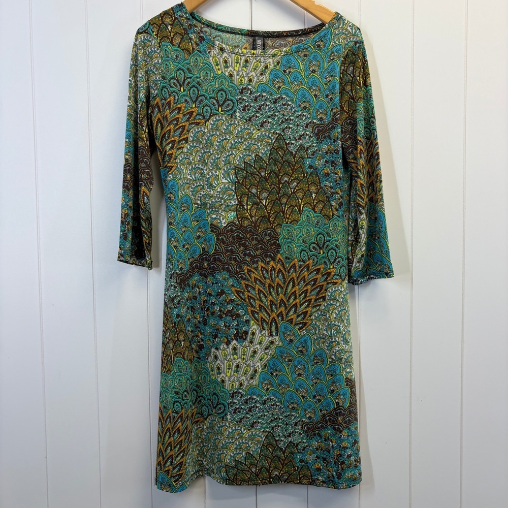 MT Collection Y2K Boho Peacock 3/4 Sleeve Slim Sheath Dress Women Large Dopamine